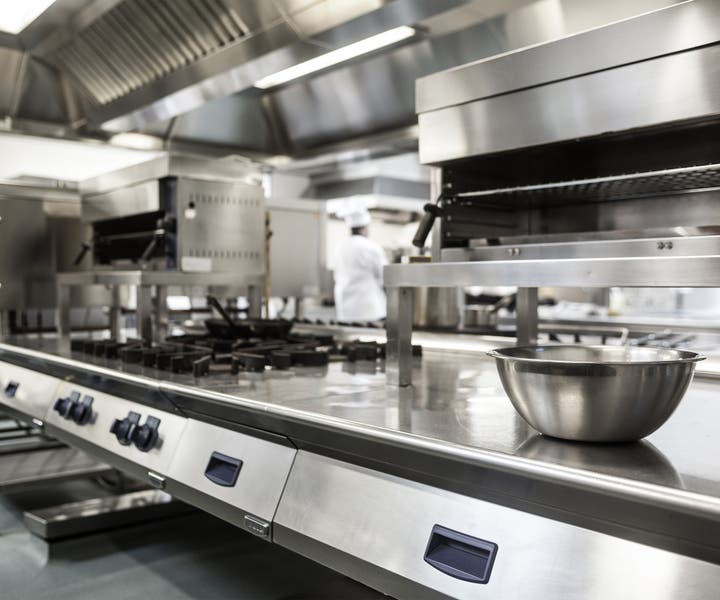 A large commercial food service kitchen